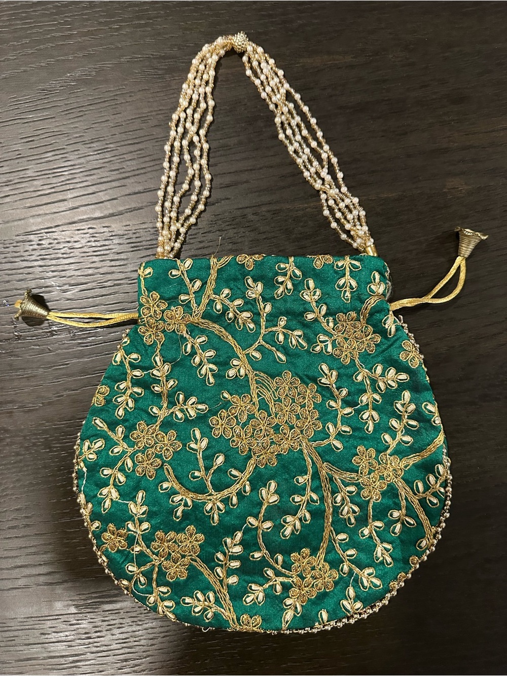 Deep Green Indian Potli Bag – Gold Zari Embroidery & Beaded Handles (NWOT)